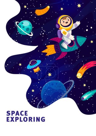 Ilustración de Un astronauta de dibujos animados en un cohete espacial en el cielo estrellado de una galaxia con planetas, fondo vectorial. Exploración espacial exterior y póster de aventura galáctica con un niño astronauta en una nave espacial en estrellas cósmicas del cielo - Imagen libre de derechos