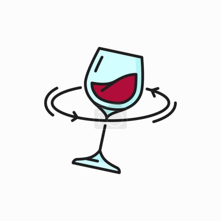 Illustration for Wine degustation, wine mixing in glass, goblet. Vector mix and control color of wine poured thin line icon. Winery products tasting outline sign - Royalty Free Image