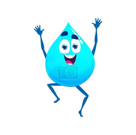 Ilustración de Dibujos animados saltando feliz personaje gota de agua. Vector aislado goteo líquido alegre con una gran sonrisa, ojos brillantes y manos levantadas, irradiando energía positiva y alegría. Personaje de la mancha cómica o gota de lluvia - Imagen libre de derechos