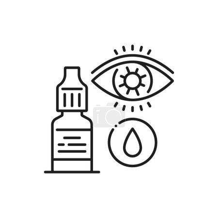 Illustration for Eye drops line icon of pharmacy medicine and medical treatment, outline vector. Eye drops bottle for ophthalmology and vision healthcare, artificial teardrops or contact lens lubricant of eye drops - Royalty Free Image