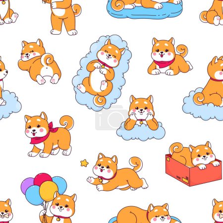 Illustration for Cartoon kawaii Shiba Inu dog and puppy seamless pattern, vector background. Funny cute Shiba Inu dog pet playing with bone or star, sleeping on cloud bed or snoozing on pillow for kids pattern - Royalty Free Image