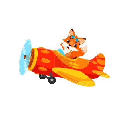 Illustration for Cartoon fox pilot on plane, funny animal aviator in toy airplane, kids vector character. Funny zoo aviation for child game or t-shirt print with cute fox in aviator glasses flying on propeller plane - Royalty Free Image