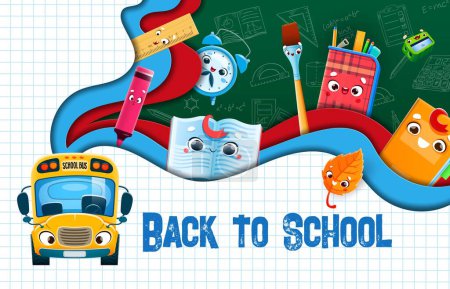 Illustration for Back to school paper cut banner with funny stationery and bus characters. Vector background with cute cartoon notebook, alarm clock, ruler and paintbrush, felt-tip pen, sharpener, pencil case and leaf - Royalty Free Image
