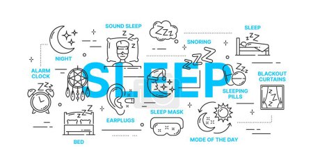 Illustration for Sleeping infographics of healthy sleep and bedtime with vector outline icons. Sleeping and body rest thin line tips for earplugs, sleep mask or blackout curtains and alarm clock, snoring and snoozing - Royalty Free Image