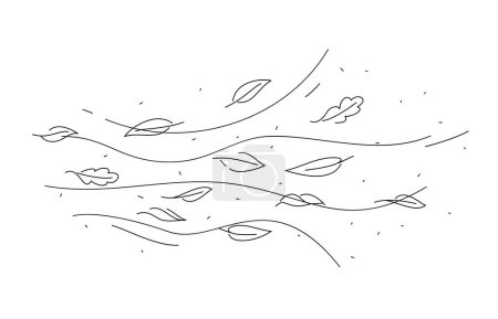 Illustration for Wind air and doodle leaves motion. Leaves falling season hand drawn print, wind blowing line background or autumn windy weather linear vector backdrop. Air flow wave doodle monochrome outline pattern - Royalty Free Image