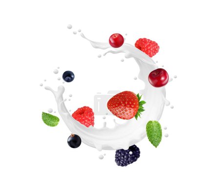 Illustration for Milk, yogurt, dessert cream swirl splash with berries. Isolated 3d vector realistic circular wave with strawberry, cranberry, black currant, blackberry and green mint leaves. White liquid dairy stream - Royalty Free Image