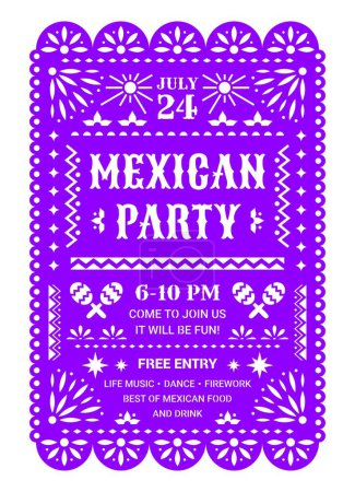 Illustration for Mexican party flyer, papel picado paper cut flag for holiday, vector banner. Mexico national day celebration or Latin fiesta holiday papercut flag with sombrero, maracas and floral pattern ornament - Royalty Free Image