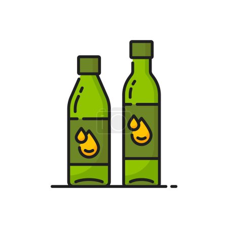 Illustration for Rapeseed, canola oil icon, isolated vector linear sign of two green bottles with a yellow drop labels, holding pure, extra virgin golden oily production, a kitchen essential for cooking and baking - Royalty Free Image
