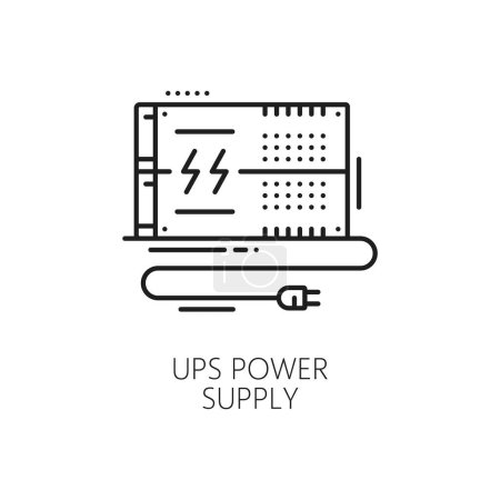 Illustration for UPS power supply icon, computer PC hardware unit, vector line symbol. UPS power supply for computer and electronic devices, linear pictogram for electric power source or battery backup equipment - Royalty Free Image