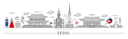 Illustration for Seoul silhouette, Korean travel landmarks and city skyline in vector line. South Korea travel and Seoul panorama buildings, architecture cityscape, people in traditional costumes and Korean landmarks - Royalty Free Image