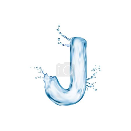 Illustration for Realistic water font letter J, flow splash type, liquid aqua typeface, transparent wet english alphabet. Isolated 3d vector clear character with shimmering ripples and reflections of flowing water - Royalty Free Image