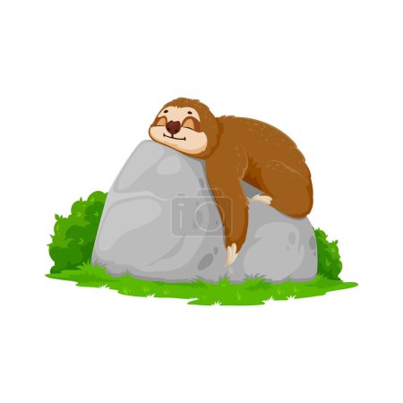 Illustration for Cartoon funny sloth character resting on stone. Amazon rainforest animal, South America nature lazy mammal isolated vector funny mascot. Sloth comical personage lying and resting on rock - Royalty Free Image
