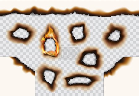 Illustration for Burning paper with holes, fire flames and burnt edges, realistic vector texture. Burning paper holes effect of scorched page parchment with flaming sheet frame borders on transparent background - Royalty Free Image