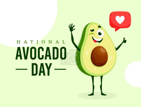 Illustration for Avocado Day banner with happy avocado fruit vector character showing thumb up and winking. Cartoon half of green fruit personage with brown seed and like heart sign in comic speech bubble - Royalty Free Image