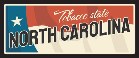 Illustration for North Carolina tobacco state metal travel plate. United States of America region retro sign, old signboard with inscription vintage typography, flag vector. Raleigh capital, Charlotte vintage sign - Royalty Free Image