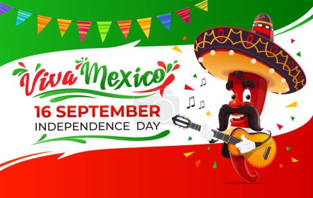 Illustration for Viva Mexico, Mexican national independence day banner with red hot jalapeno pepper mariachi character play guitar. Join the fiesta of freedom, culture, and pride on this historic day of september 16th - Royalty Free Image
