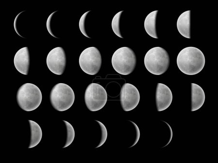 Illustration for Crescent moon phases and lunar planet stage cycles in sky, vector space symbol. Realistic moon phases of full, half and quarter, new moon and eclipse for astrology calendar on black night background - Royalty Free Image