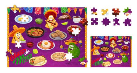 Illustration for Mexican cuisine jigsaw puzzle game pieces. Form find puzzle quiz, shape match game vector worksheet with Tex Mex nacho chips, avocado, burrito, enchilada ad tamale, huevos rancheros, fajitas meals - Royalty Free Image