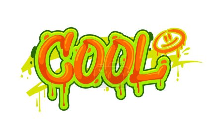 Illustration for Cool graffiti, street art or urban style lettering with paint spray on wall, vector artwork. Graffiti word Cool in green orange airbrush paint writing with cartoon smile emoji and paint leak drips - Royalty Free Image