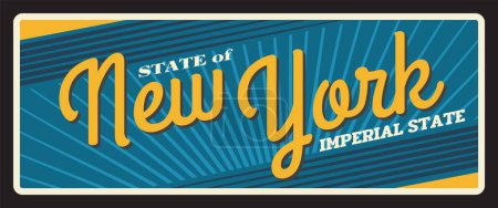 Illustration for New York USA imperial state old metal travel plate. Albany capital, New York City vintage plaque inscription typography vector. American travel souvenir sing, retro billboard - Royalty Free Image