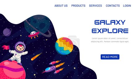 Illustration for Space galaxy explore landing page. Cartoon kid spaceman on planet surface, flying starship, comet and space planets on starry galaxy sky vector background. Astronaut character and UFO, landing page - Royalty Free Image