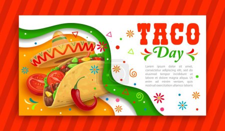 Téléchargez les illustrations : Tacos mexicain papier jour coupe bannière. Affiche restaurant gastronomique mexicain à emporter, fête de vacances cuisine mexicaine ou repas fastfood Tex Mex fête flyer vecteur avec taco, chili, tomate et sombrero - en licence libre de droit