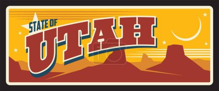 Illustration for Utah state travel plate, USA travel souvenir of US Utah, Salt Lake City capital. Vector tourist destination, America region retro sign, old plaque with grand canyon, vintage typography - Royalty Free Image
