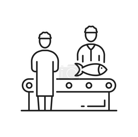 Illustration for People work on manufacturing of fish products. Fish on industrial transportband and workers sorting herring. Vector fishing industry conveyor - Royalty Free Image