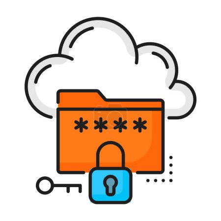 Illustration for Cloud storage color icon, database and network server, vector line symbol. Internet data and computer information secure access, cloud storage or database web protection with authorization password - Royalty Free Image
