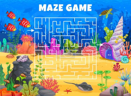 Illustration for Labyrinth maze game. Help to fish shoal find their underwater house kids puzzle quiz. Square labyrinth maze vector worksheet on cartoon sea bottom background with tropical fish, seashell house, corals - Royalty Free Image