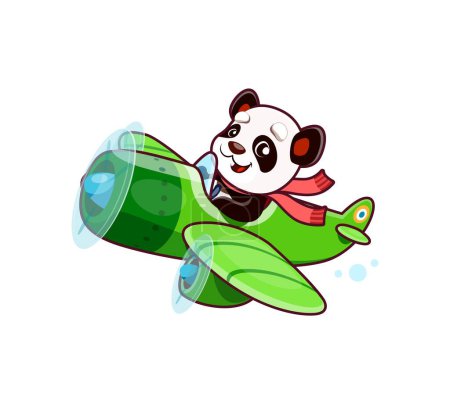 Illustration for Cartoon cute panda bear animal character on plane. Funny pilot kid flying on vintage aircraft, cute panda baby traveling on airplane vector personage. Adorable animal child sitting in propeller plane - Royalty Free Image