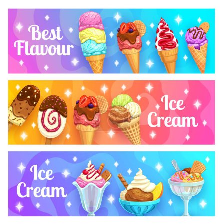 Ilustración de Palo de helado de dibujos animados y cono, vainilla y chocolate, helado de helado y zumo de fruta, comida de postre de verano vector. Conos de gofre con servicio suave y cucharadas de helado, helado, yogur helado y sorbete - Imagen libre de derechos