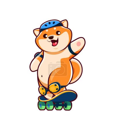 Illustration for Cartoon kawaii Shiba Inu dog puppy character on skateboard. Comical Shiba Inu personage, funny small Japanese dog baby or adorable puppy vector character or funny mascot skateboarding in helmet - Royalty Free Image