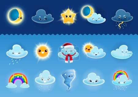 Illustration for Cartoon cute weather characters. Vector clouds, sun, rain, wind and rainbow, moon, star, snow, tornado storm and lightning personages with funny faces. Weather forecast and meteorology emoticons - Royalty Free Image