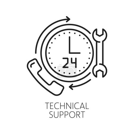 Illustration for Technical support. CDN. Content delivery network icon, Internet portal user or customer support service, network administration system, CDN outline vector symbol with 24h clock, phone and wrench - Royalty Free Image