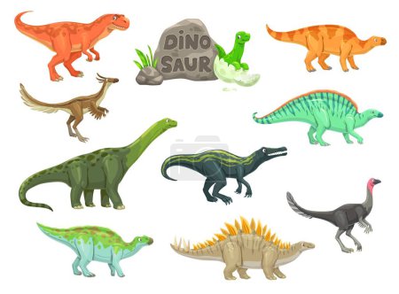Illustration for Cartoon dinosaur funny characters. Prehistoric reptile, paleontology extinct vector lizards. Ouranosaurus, Probactrosaurus, Suchomimus and Alectrosaurus, Alvarezsaurus, Aralosaurus cute personages - Royalty Free Image