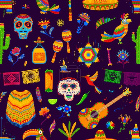 Téléchargez les illustrations : Mexicain vacances et festival objets motif sans couture. Imprimé décoré sans couture Jour des Morts, motif textile mexicain Cinco de Mayo avec crânes, oiseaux, nourriture Tex Mex et instruments de musique - en licence libre de droit