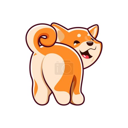 Ilustración de Dibujos animados kawaii Shiba Inu perro mostrando la espalda, lindo cachorro mascota o animal divertido, vector niños carácter. Happy Shiba Inu cachorro perro sonriendo con cola arriba, bebé mascota o lindo perro emoji - Imagen libre de derechos