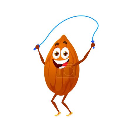 Illustration for Cartoon almond nut character happily jumping rope, showcasing its energetic nature. isolated vector playful kernel sportsman personage engaged in weigh loss, exudes joy, health, and active lifestyle - Royalty Free Image