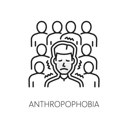 Illustration for Human antrophobia phobia icon, mental health. Fear of people, psychology problem outline vector symbol. Mental disorder line pictogram or icon with scared, depressed man in crowd - Royalty Free Image