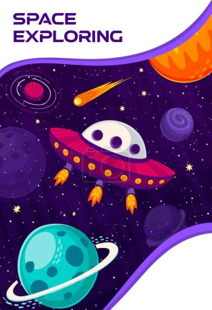 Illustration for Space exploring poster. Cartoon UFO starship between starry galaxy planets and stars. Vector fantasy universe of alien space world with funny flying saucer, planets and fire comets on dark background - Royalty Free Image