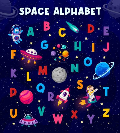 Illustration for Cartoon space alphabet on starry galaxy landscape vector background. English alphabet letters with kid astronaut and alien characters, rocket, UFO, planets, comets and stars. Kids education abc poster - Royalty Free Image