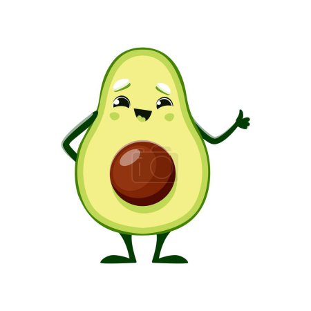 Illustration for Cartoon cheerful avocado character with smile and thumb up, vector emoji or kawaii emoticon. Cute funny happy avocado with thumb up gesture and half cut seed for kids food personage - Royalty Free Image