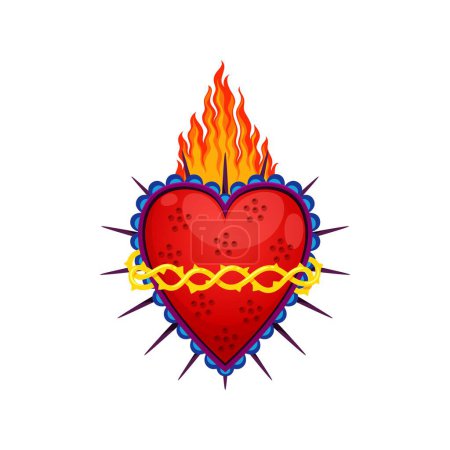 Téléchargez les illustrations : Tatouage et symbole de coeur sacré mexicain. Vecteur de bande dessinée isolé coeur flamboyant orné d'épines acérées et feu ardent, représente l'amour, le sacrifice et la dévotion dans la culture du Mexique et le catholicisme - en licence libre de droit