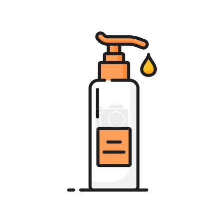 Illustration for Soap, hand or face lotion skin care line icon. Dermatology treatment, face and hands skincare product or woman beauty cosmetics oil or shampoo bottle with pump dispenser outline sign or pictogram - Royalty Free Image