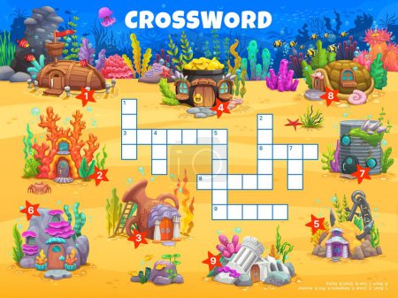 Illustration for Crossword quiz game. Cartoon fairytail underwater house buildings puzzle grid. Vector worksheet with cute under water homes on ocean bottom, coral, boat, sea shell, ancient ruins and amphora houses - Royalty Free Image