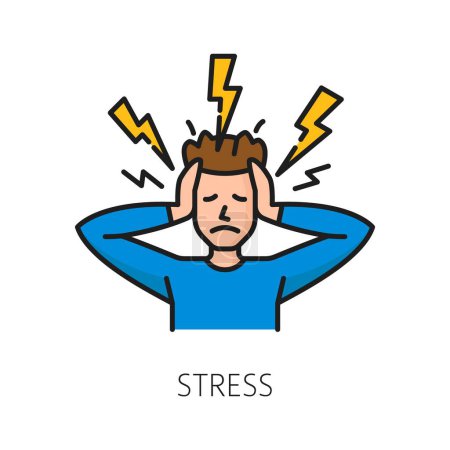 Illustration for Stress psychological disorder problem, mental health vector linear icon, representing person with unhappy frowning face and lightning bolts, conveying the feeling of tension or pressure - Royalty Free Image