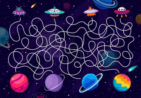 Illustration for Labyrinth maze. Help to UFO find a home planet kids game worksheet. Galaxy quiz puzzle with vector space map on starry sky background, funny UFO and fantasy planets, comets, meteors and asteroids - Royalty Free Image