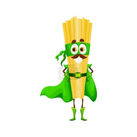 Illustration for Cartoon pasta superhero character, linguine in super hero costume, vector funny guardian. Italian pasta linguine as defender or warrior guard in superhero cape and green mask with power belt - Royalty Free Image
