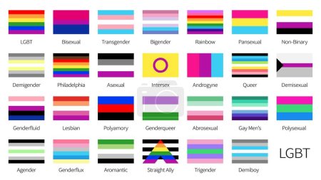 Téléchargez les illustrations : Drapeaux de fierté LGBT ensemble de signes de diversité sexuelle et d'identité arc-en-ciel, icônes vectorielles. Drapeaux LGBT de la communauté gay, lesbienne ou LGBTQ queer, des drapeaux transgenres, bisexuels et homosexuels ou de la diversité des genres - en licence libre de droit